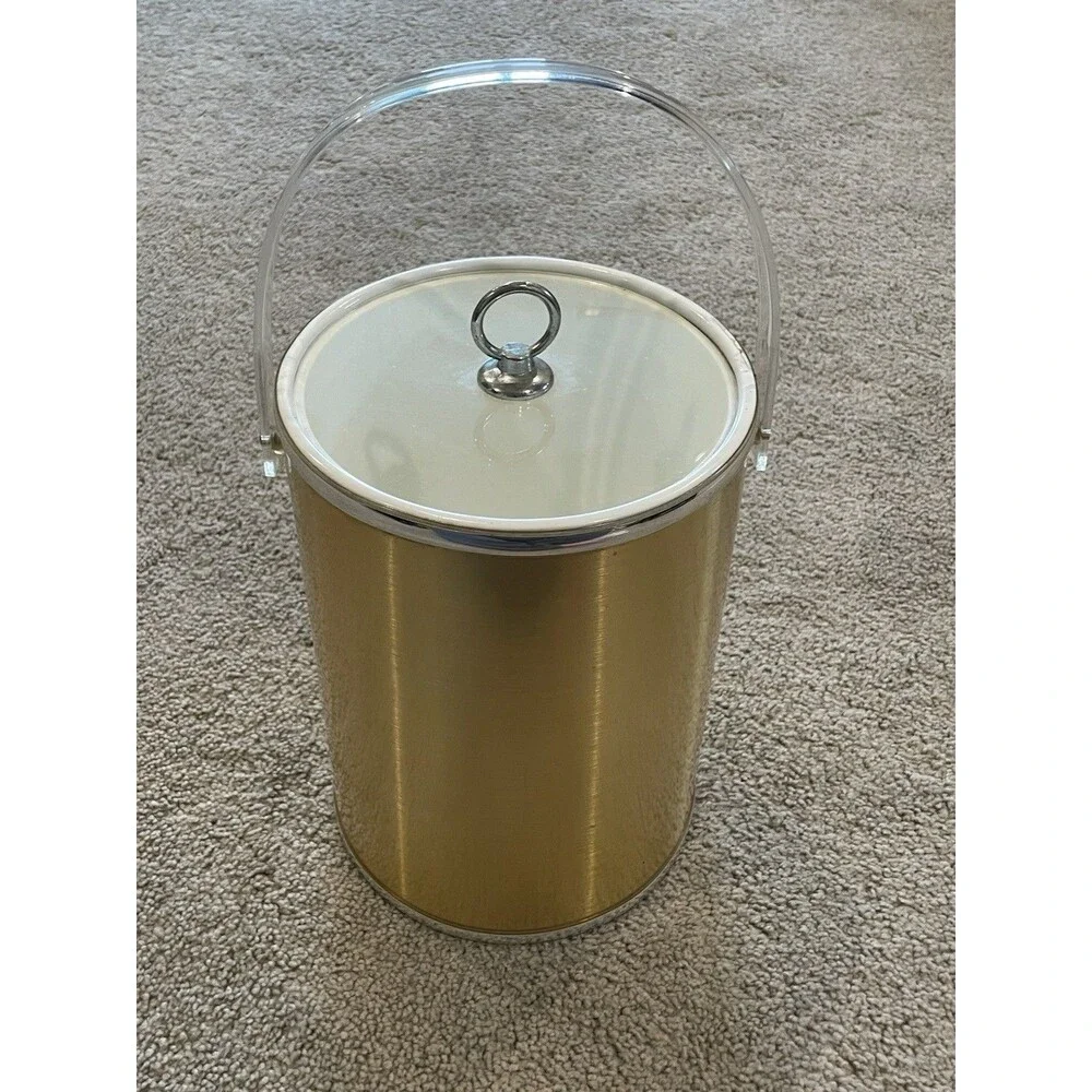 Ice Bucket Brushed Gold Silver Clear Lucite Handle & Lid 3 Tools‎ Box Vintage